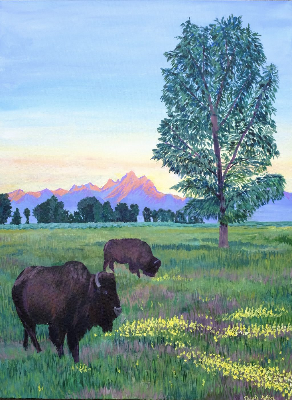 Tree and bison in vibrant meadow