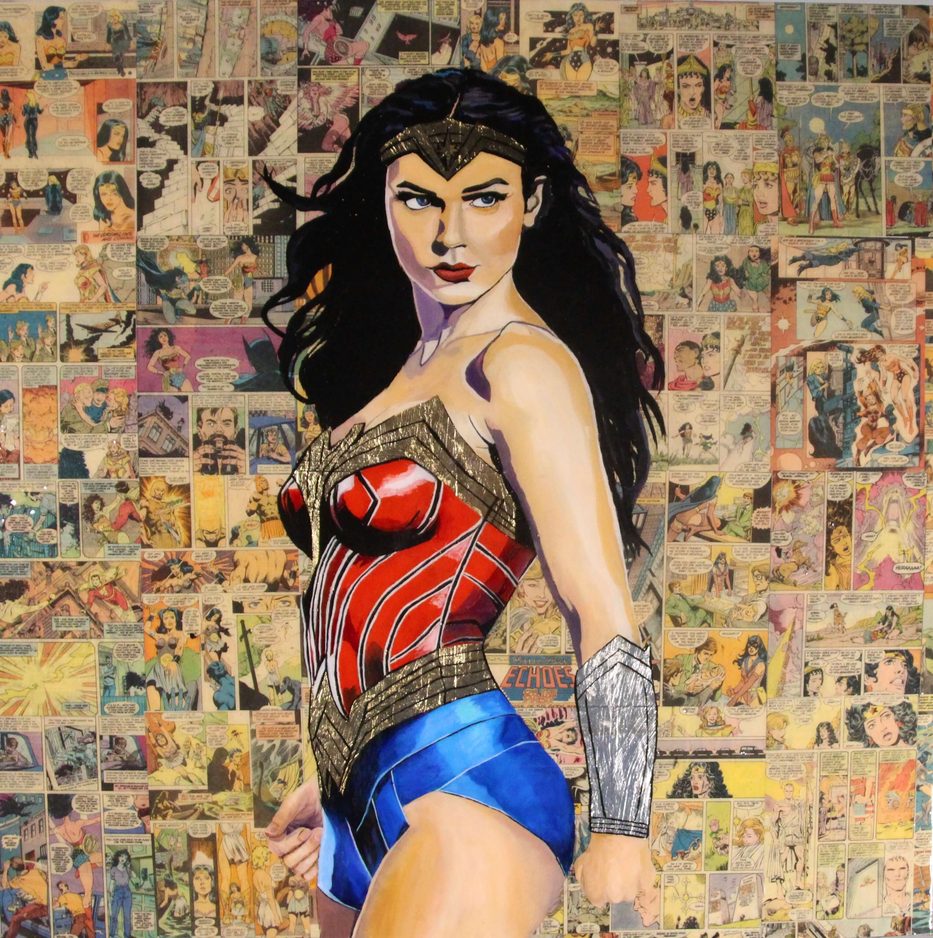 Female superhero in red and blue costume.